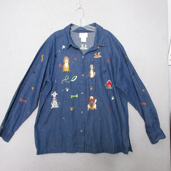 Quacker Factory Denim Shirt 1X Dog Fido Embroidered Novelty Teacher Granny VTG - Picture 2 of 15
